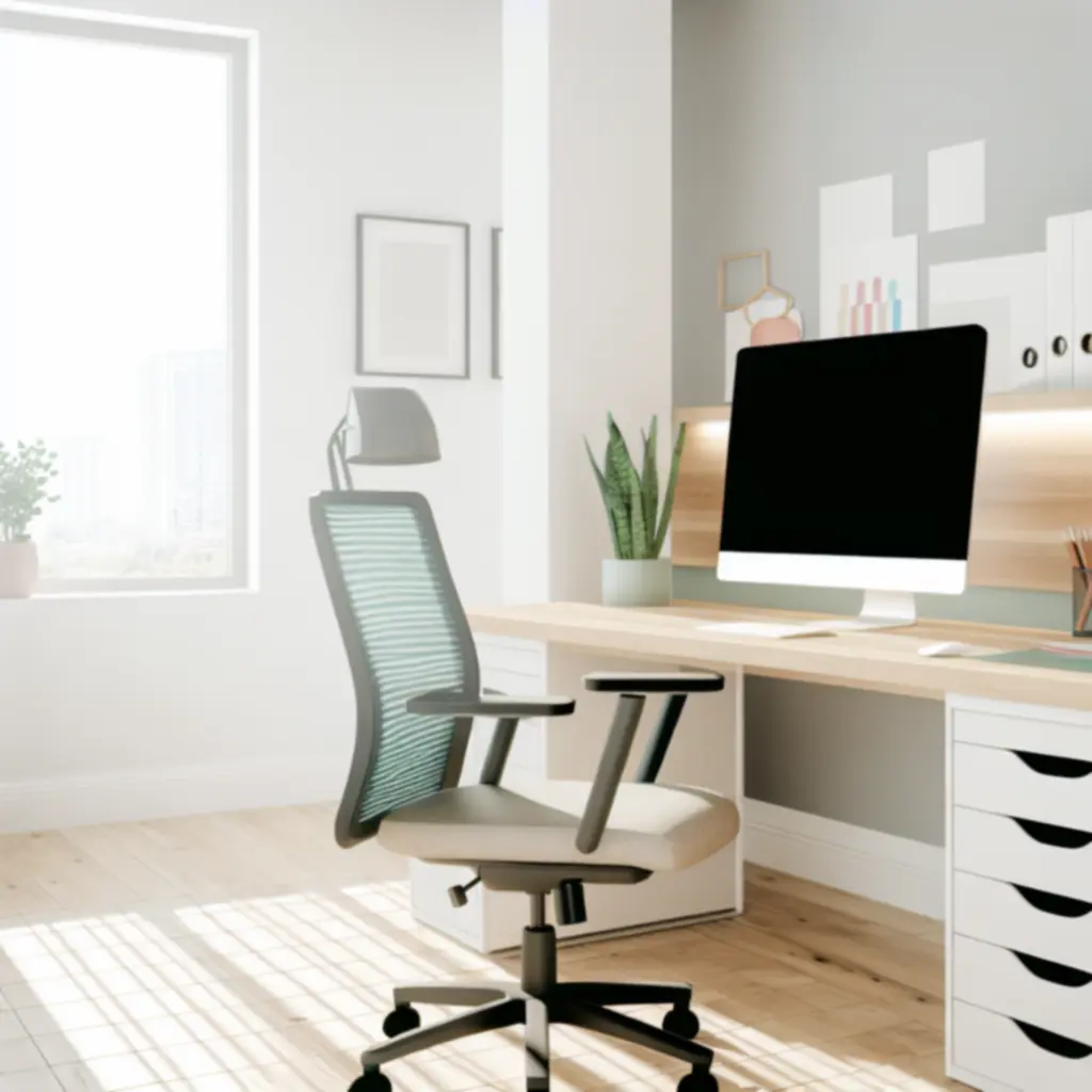 Nowocześnie zorganizowana przestrzeń biura domowego z ergonomicznym biurkiem i regałem