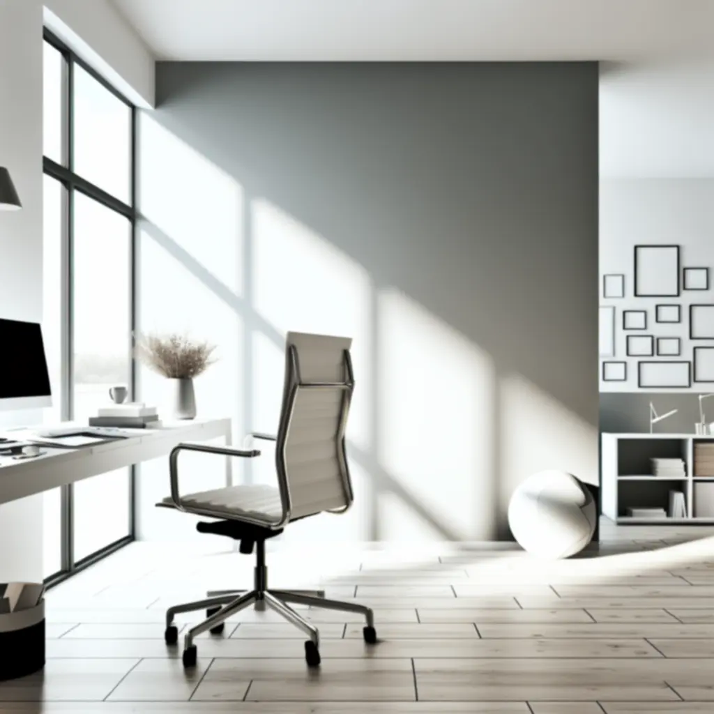 Nowocześnie zorganizowany domowy gabinet z ergonomicznym biurkiem i krzesłem