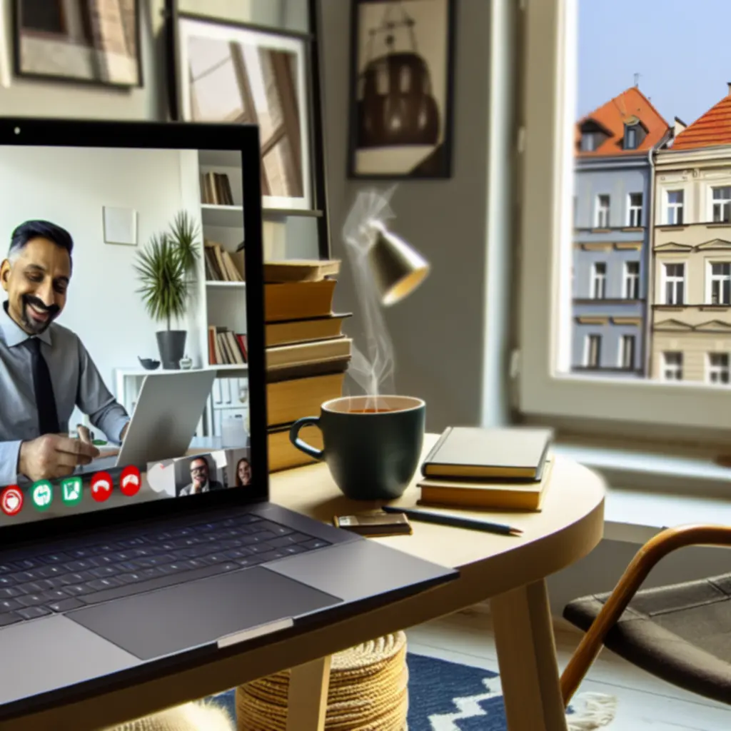 Konsultant HomeOffico prowadzący wywiad online z klientem na temat przestrzeni pracy