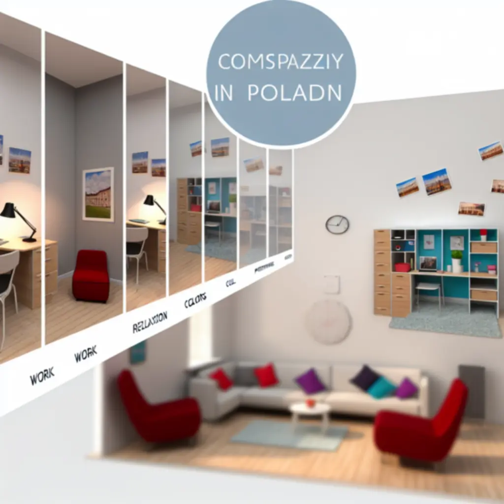 Małe biuro z wyraźnie wydzielonymi strefami pracy, relaksu i spotkań